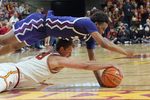 Iowa State Cyclones forward Brandton Chatfield, bottom, and TCU Horned Frogs guard Vasean Allette battle for a loose ball during a Big 12 men’s basketball game at Hilton Coliseum on Feb 8, 2025 in Ames, Iowa.