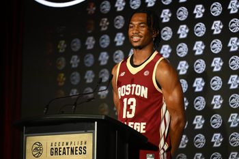 Oct 8, 2025; Charlotte, NC, USA; Boston College player Donald Hand Jr. answers questions from the media at The Hilton Charlotte Uptown. Mandatory Credit: William Howard-Imagn Images