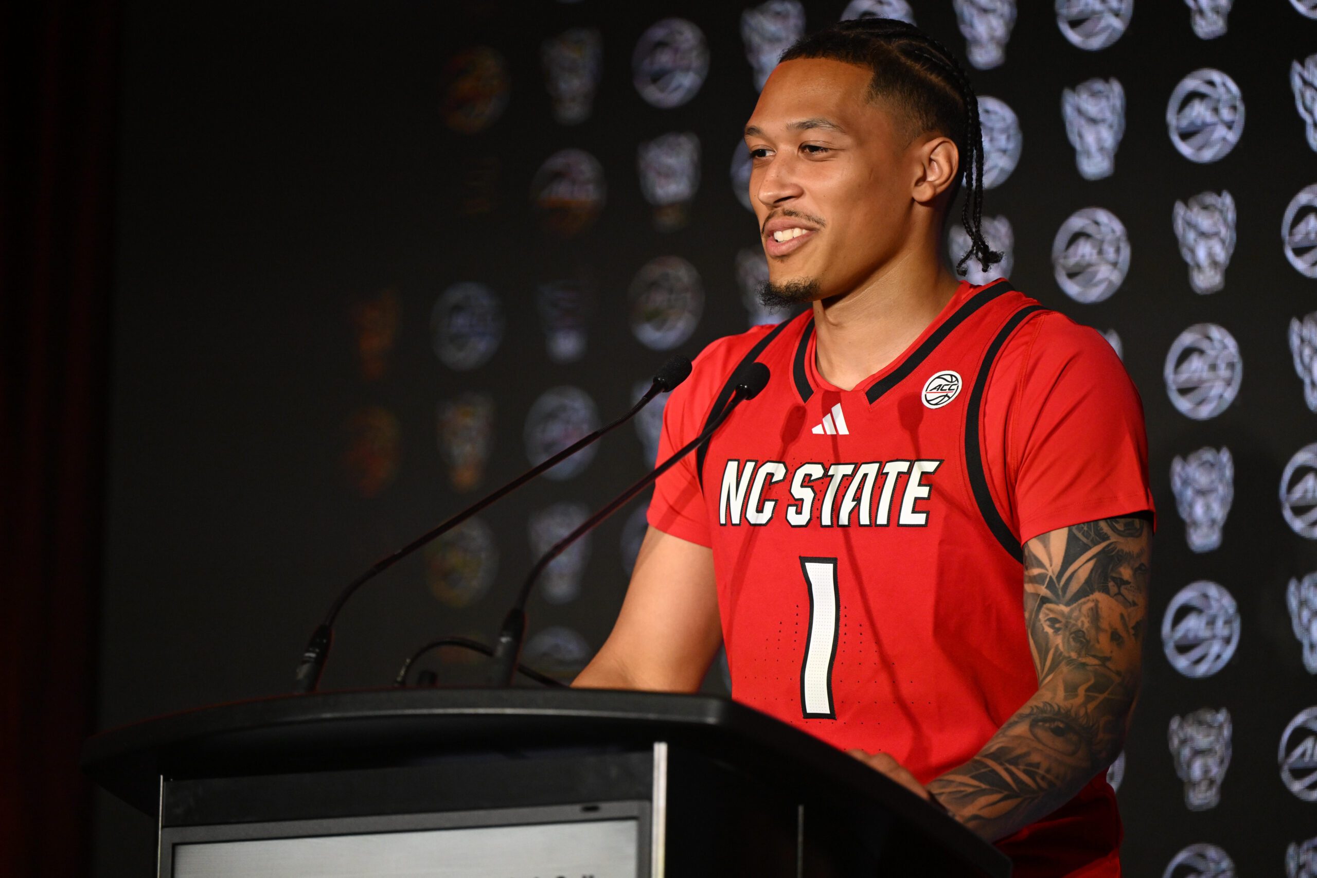 Oct 8, 2025; Charlotte, NC, USA; NC State player Darrion Williams answers questions from the media at The Hilton Charlotte Uptown. Mandatory Credit: William Howard-Imagn Images