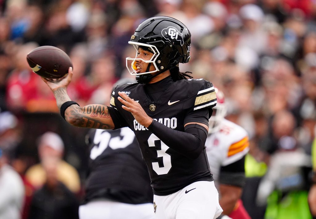 Oct 11, 2025; Boulder, Colorado, USA; Colorado Buffaloes quarterback Kaidon Salter (3) passes the ball in the first quarter against the Iowa State Cyclones at Folsom Field. Mandatory Credit: Ron Chenoy-Imagn Images