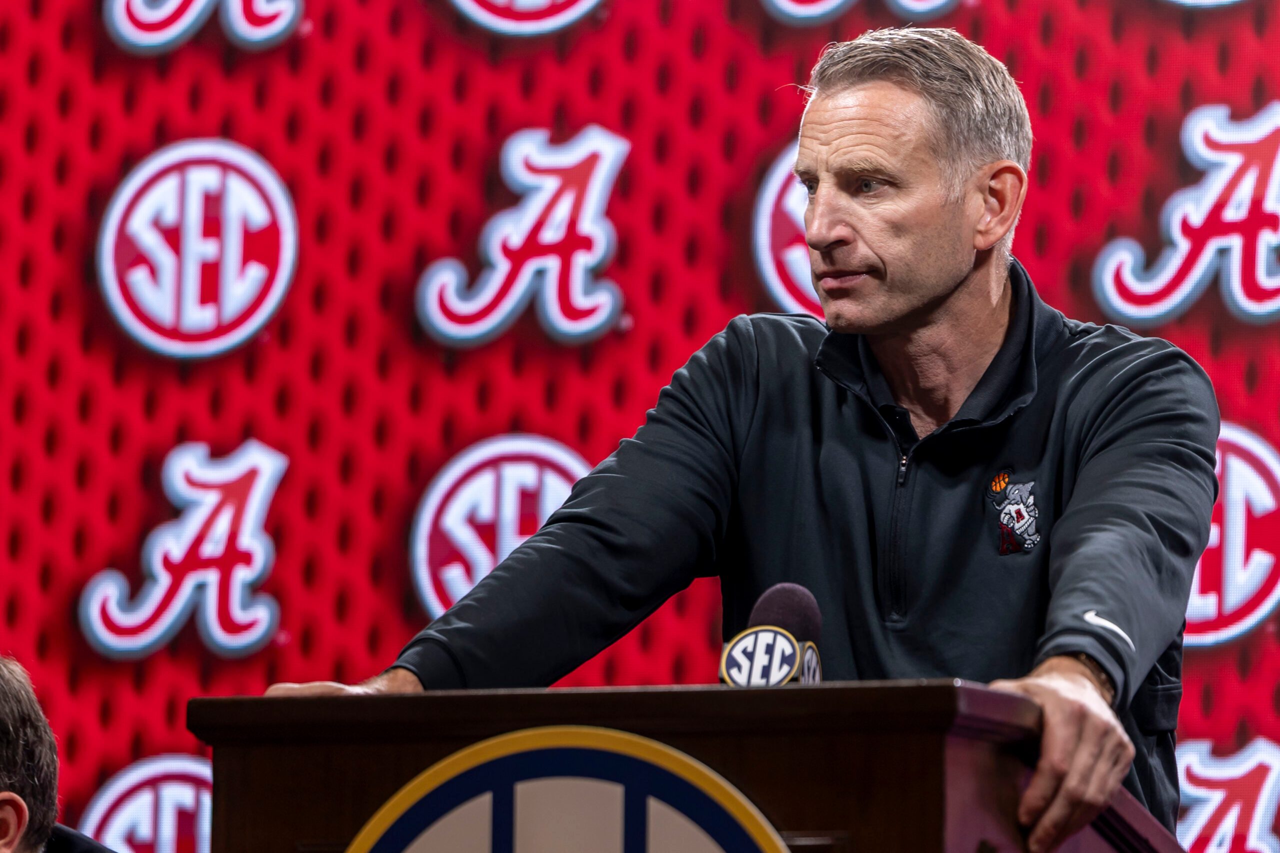 Oct 14, 2025; Birmingham, AL, USA; Alabama Crimson Tide head coach Nate Oats talks with the media during SEC Media Days at Grand Bohemian Hotel. Mandatory Credit: Vasha Hunt-Imagn Images