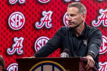 Oct 14, 2025; Birmingham, AL, USA; Alabama Crimson Tide head coach Nate Oats talks with the media during SEC Media Days at Grand Bohemian Hotel. Mandatory Credit: Vasha Hunt-Imagn Images
