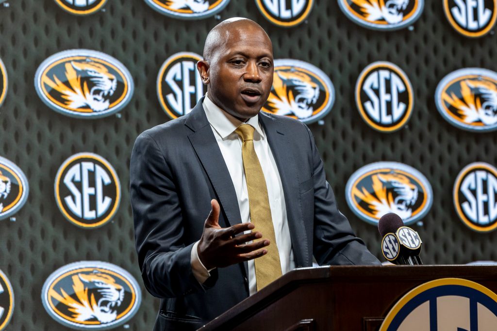 Oct 15, 2025; Birmingham, AL, USA; Missouri Tigers head coach Dennis Gates talks with the media during SEC Media Days at Grand Bohemian Hotel. Mandatory Credit: Vasha Hunt-Imagn Images