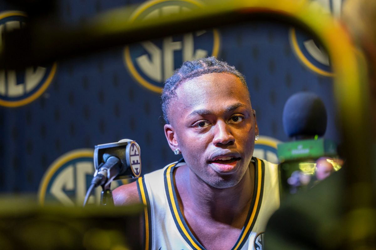 Oct 15, 2025; Birmingham, AL, USA; Missouri Tigers guard Mark Mitchell talks with the media during SEC Media Days at Grand Bohemian Hotel. Mandatory Credit: Vasha Hunt-Imagn Images