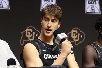 Oct 22, 2025; Kansas City, MO, USA; Colorados Sebastian Rancik speaks to media during Big 12 Menís Basketball media day at T-Mobile Center. Mandatory Credit: Sophia Scheller-Imagn Images