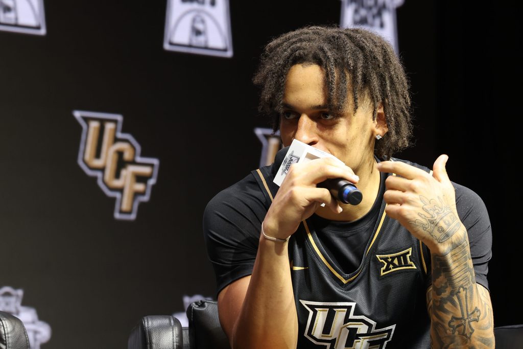 Oct 22, 2025; Kansas City, MO, USA; UCFs Riley Kugel speaks to media during Big 12 Menís Basketball media day at T-Mobile Center. Mandatory Credit: Sophia Scheller-Imagn Images