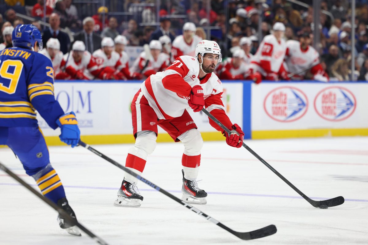 Oct 22, 2025; Buffalo, New York, USA;  Detroit Red Wings center Dylan Larkin (71) makes a pass during the third period against the Buffalo Sabres at KeyBank Center. Mandatory Credit: Timothy T. Ludwig-Imagn Images