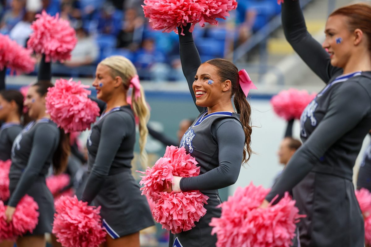 Oct 25, 2025; Memphis, Tennessee, USA; Memphis Tigers cheerleaders perform during the second half against the South Florida Bulls at Simmons Bank Liberty Stadium. Mandatory Credit: Wesley Hale-Imagn Images