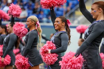Oct 25, 2025; Memphis, Tennessee, USA; Memphis Tigers cheerleaders perform during the second half against the South Florida Bulls at Simmons Bank Liberty Stadium. Mandatory Credit: Wesley Hale-Imagn Images