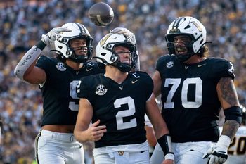 Vanderbilt's quarterback Diego Pavia (2) celebrates his go-ahead touchdown against Missouri during their game at FirstBank Stadium in Nashville, Tenn., Saturday, Oct. 25, 2025.