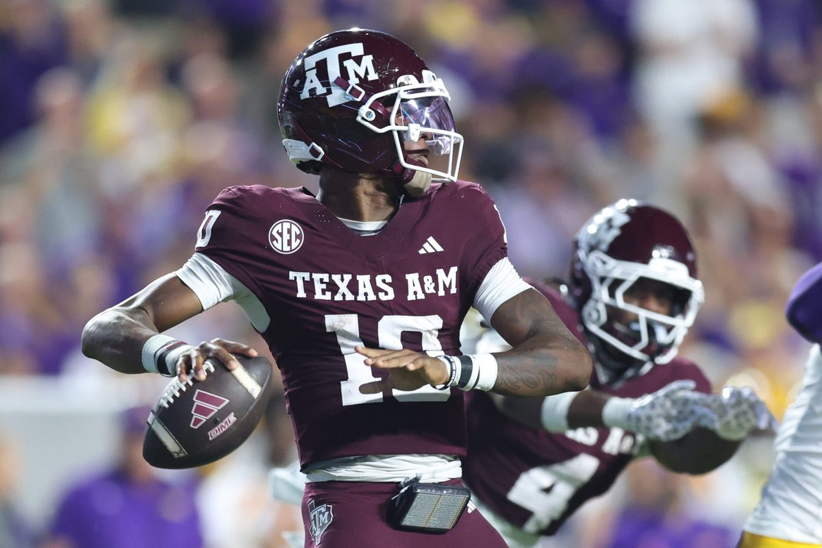 Oct 25, 2025; Baton Rouge, Louisiana, USA; Texas A&M Aggies quarterback Marcel Reed (10) drops to throw during the first half against the Louisiana State Tigers at Tiger Stadium. Mandatory Credit: Stephen Lew-Imagn Images