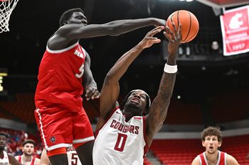 Oct 25, 2025; Pullman, WA, USA; New Mexico Lobos forward Antonio Chol (5) fights for the rebound against Washington State Cougars forward Emmanuel Ugbo (0) in the second half at Friel Court at Beasley Coliseum.  Mandatory Credit: James Snook-Imagn Images