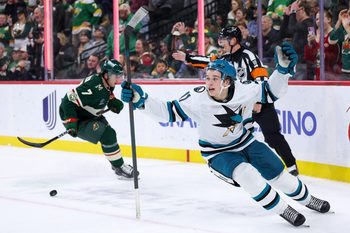 Oct 26, 2025; Saint Paul, Minnesota, USA; San Jose Sharks center Macklin Celebrini (71) celebrates his game winning overtime goal against the Minnesota Wild at Grand Casino Arena. Mandatory Credit: Matt Krohn-Imagn Images