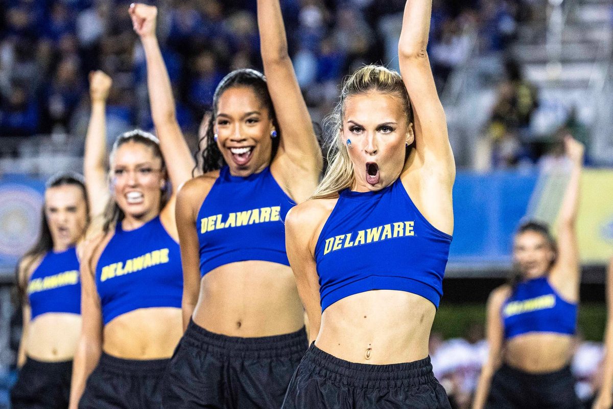 Delaware cheerleaders perform to a packed house and in front of a national TV audience during the Delaware Blue Hens first home CUSA football game vs. Western Kentucky at Delaware Stadium in Newark on Oct. 3, 2025.ÊWestern Kentucky won 27-24.