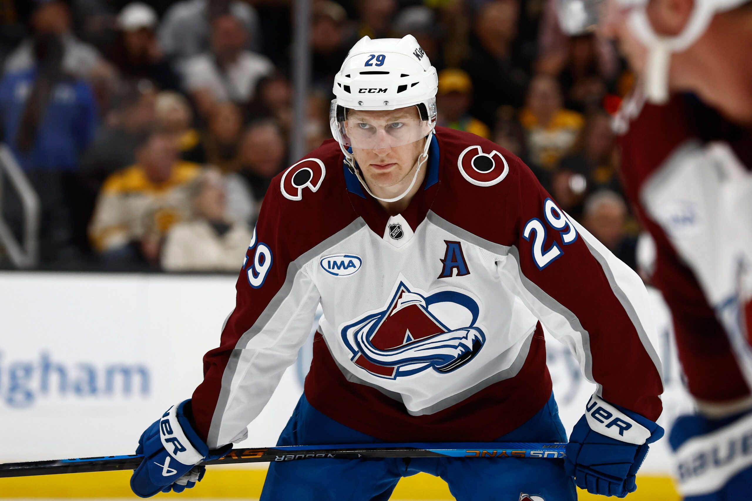 Oct 25, 2025; Boston, Massachusetts, USA; Colorado Avalanche center Nathan MacKinnon (29) during the game against the Boston Bruins at TD Garden. Mandatory Credit: Winslow Townson-Imagn Images