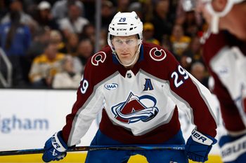 Oct 25, 2025; Boston, Massachusetts, USA; Colorado Avalanche center Nathan MacKinnon (29) during the game against the Boston Bruins at TD Garden. Mandatory Credit: Winslow Townson-Imagn Images