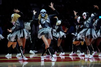 Oct 29, 2025; Toronto, Ontario, CAN; The Toronto Raptors dance team performs during a break in the action against the Houston Rockets at Scotiabank Arena. Mandatory Credit: John E. Sokolowski-Imagn Images
