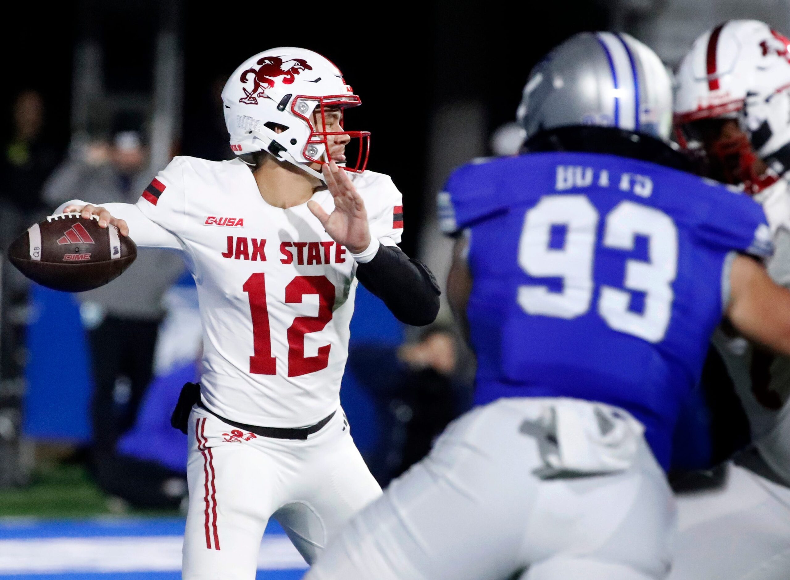 Jacksonville State quarterback Caden Creel (12) passes the ball during the football game against Middle Tennessee, at MTSU on Wednesday, October 29, 2025.