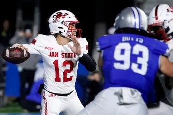 Jacksonville State quarterback Caden Creel (12) passes the ball during the football game against Middle Tennessee, at MTSU on Wednesday, October 29, 2025.