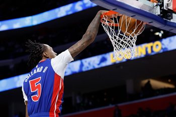 Oct 29, 2025; Detroit, Michigan, USA; Detroit Pistons forward Ronald Holland II (5) dunks in the second half against the Orlando Magic at Little Caesars Arena. Mandatory Credit: Rick Osentoski-Imagn Images