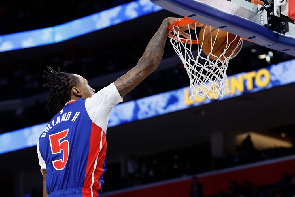 Oct 29, 2025; Detroit, Michigan, USA; Detroit Pistons forward Ronald Holland II (5) dunks in the second half against the Orlando Magic at Little Caesars Arena. Mandatory Credit: Rick Osentoski-Imagn Images