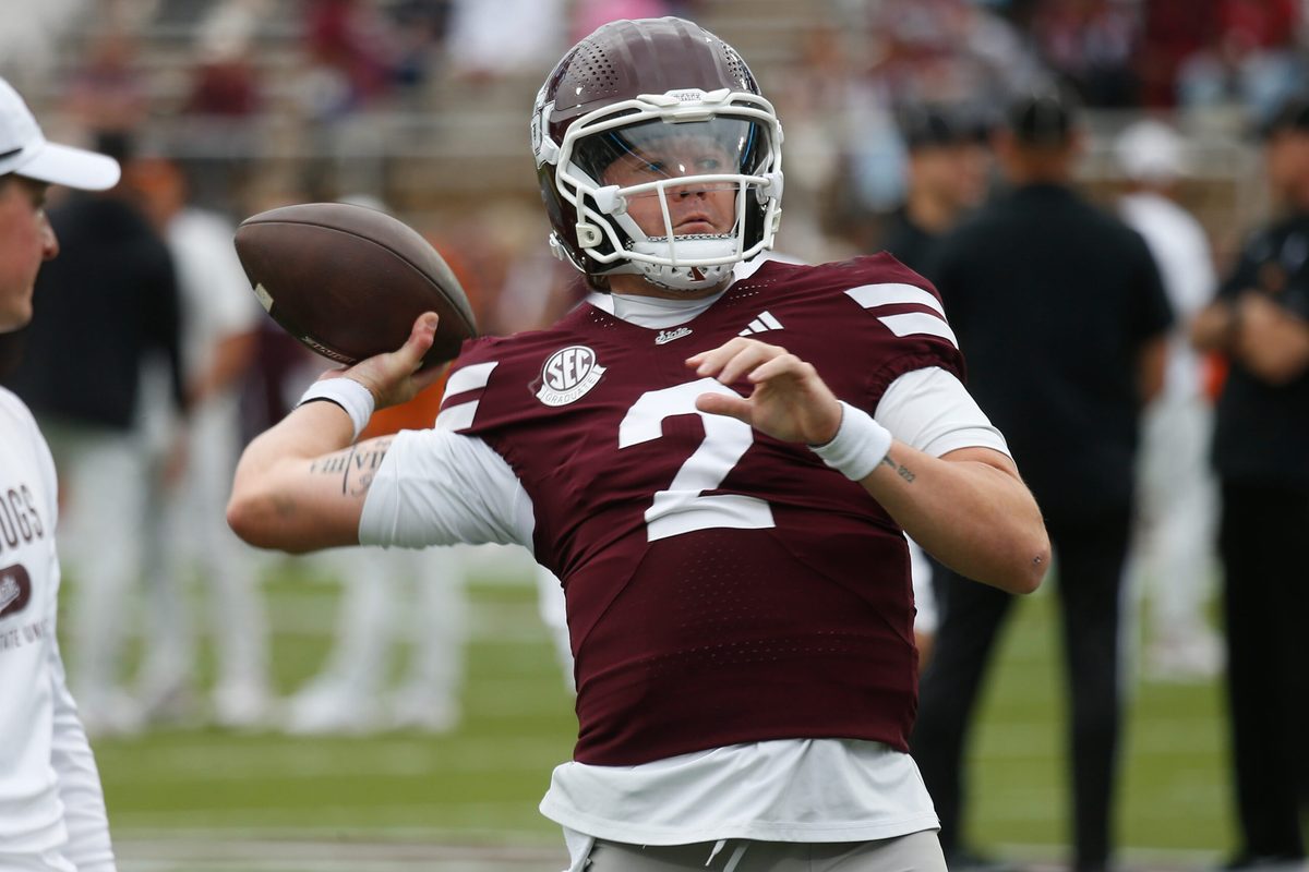 Oct 25, 2025; Starkville, Mississippi, USA; Mississippi State Bulldogs quarterback Blake Shapen (2) passes the ball during warm ups  prior to the game against the Texas Longhorns at Davis Wade Stadium at Scott Field. Mandatory Credit: Petre Thomas-Imagn Images