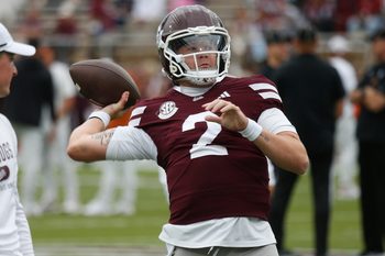 Oct 25, 2025; Starkville, Mississippi, USA; Mississippi State Bulldogs quarterback Blake Shapen (2) passes the ball during warm ups  prior to the game against the Texas Longhorns at Davis Wade Stadium at Scott Field. Mandatory Credit: Petre Thomas-Imagn Images