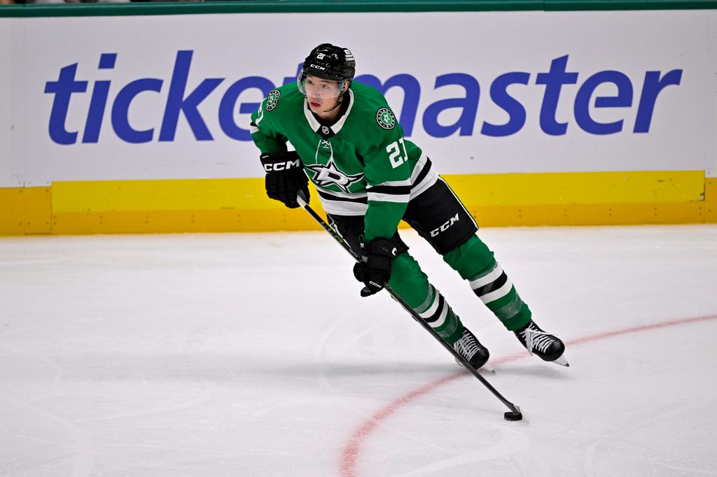 Oct 28, 2025; Dallas, Texas, USA; Dallas Stars left wing Jason Robertson (21) skates against the Washington Capitals during the game between the Stars and the Capitals at the American Airlines Center. Mandatory Credit: Jerome Miron-Imagn Images