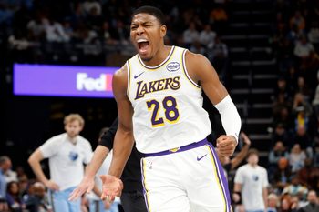 Oct 31, 2025; Memphis, Tennessee, USA; Los Angeles Lakers forward Rui Hachimura (28) reacts during the fourth quarter against the Memphis Grizzlies at FedExForum. Mandatory Credit: Petre Thomas-Imagn Images