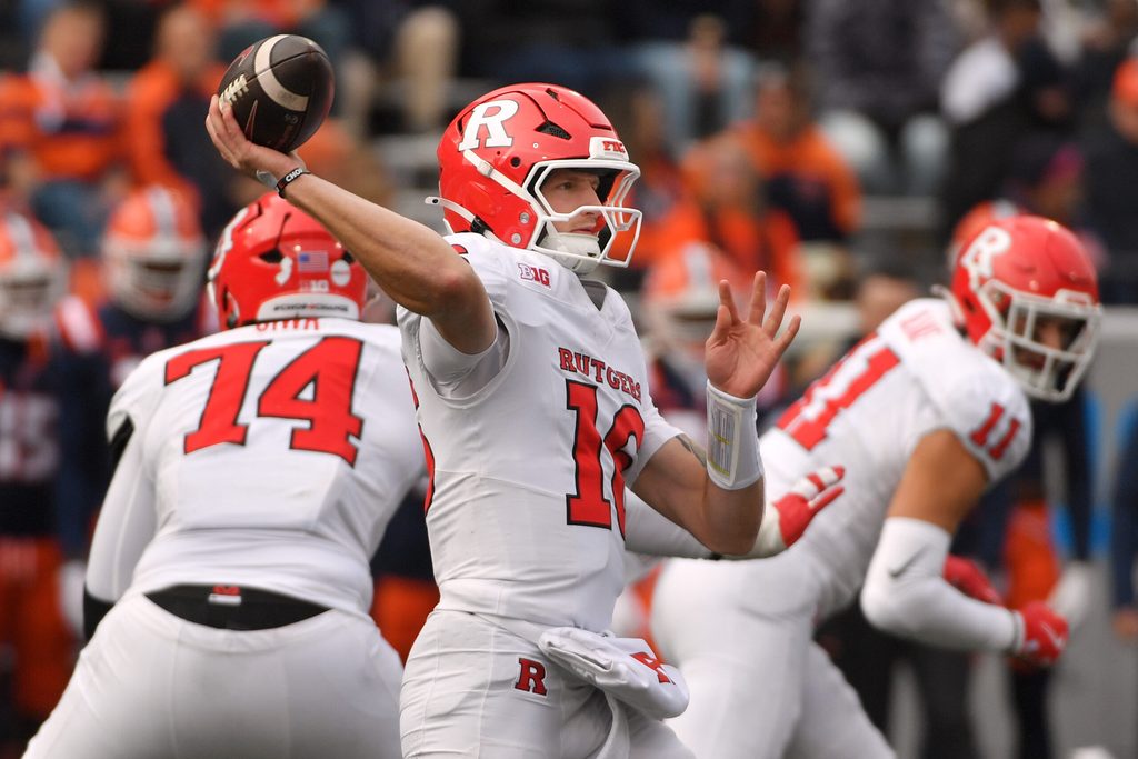Nov 1, 2025; Champaign, Illinois, USA; Rutgers Scarlet Knights quarterback Athan Kaliakmanis (16) passes the ball during the second half against the Illinois Fighting Illini at Memorial Stadium. Mandatory Credit: Ron Johnson-Imagn Images