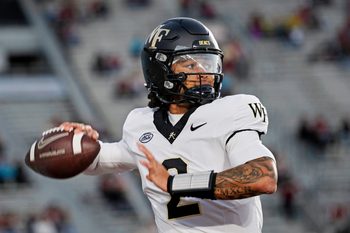 Nov 1, 2025; Tallahassee, Florida, USA; Wake Forest Demon Deacons quarterback Robby Ashford (2) throws a pass during warmups before the game against the Florida State Seminoles at Doak S. Campbell Stadium. Mandatory Credit: Melina Myers-Imagn Images