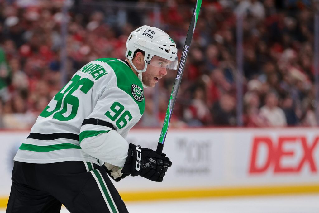Nov 1, 2025; Sunrise, Florida, USA; Dallas Stars right wing Mikko Rantanen (96) celebrates after scoring against the Florida Panthers during the third period at Amerant Bank Arena. Mandatory Credit: Sam Navarro-Imagn Images