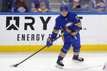 Nov 1, 2025; Buffalo, New York, USA;  Buffalo Sabres center Tage Thompson (72) looks to make a pass during the third period against the Washington Capitals at KeyBank Center. Mandatory Credit: Timothy T. Ludwig-Imagn Images