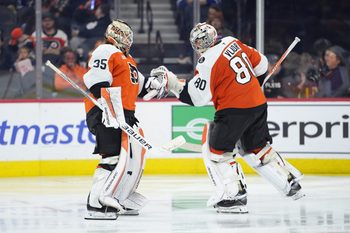 Nov 1, 2025; Philadelphia, Pennsylvania, USA; Philadelphia Flyers goalie Aleksei Kolosov (35) is substituted into the game for goalie Dan Vladar (80) against the Toronto Maple Leafs in the third period at Xfinity Mobile Arena. Mandatory Credit: Kyle Ross-Imagn Images