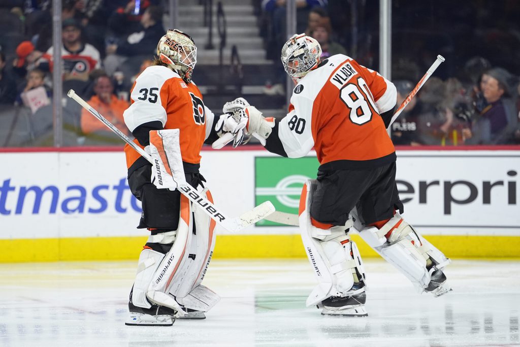 Nov 1, 2025; Philadelphia, Pennsylvania, USA; Philadelphia Flyers goalie Aleksei Kolosov (35) is substituted into the game for goalie Dan Vladar (80) against the Toronto Maple Leafs in the third period at Xfinity Mobile Arena. Mandatory Credit: Kyle Ross-Imagn Images