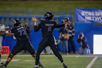 Nov 1, 2025; San Jose, California, USA; San Jose State Spartans quarterback Walker Eget (5) passes the football against the Hawaii Rainbow Wahine during the first quarter at CEFCU Stadium. Mandatory Credit: Neville E. Guard-Imagn Images