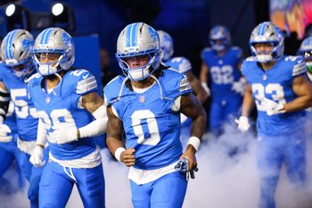 Nov 2, 2025; Detroit, Michigan, USA; Detroit Lions running back Jahmyr Gibbs (0) enters the field before the game against the Minnesota Vikings at Ford Field. Mandatory Credit: David Reginek-Imagn Images