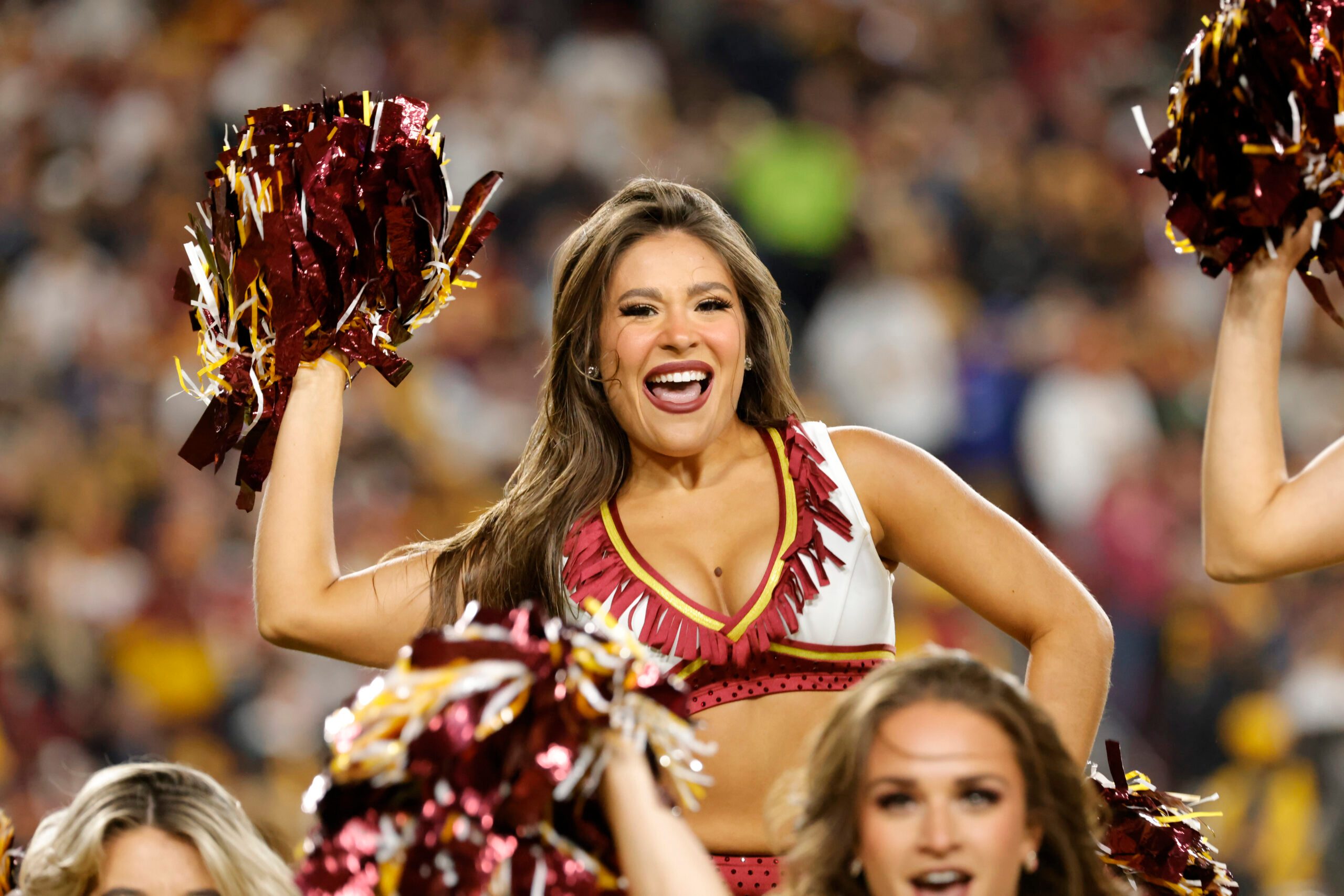 Nov 2, 2025; Landover, Maryland, USA; Washington Commanders cheerleaders perform during the first half against the Seattle Seahawks at Northwest Stadium. Mandatory Credit: Amber Searls-Imagn Images