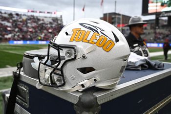Oct 25, 2025; Pullman, Washington, USA; Toledo Rockets helmet sits during a game against the Washington State Cougars in the second half at Gesa Field at Martin Stadium. Mandatory Credit: James Snook-Imagn Images