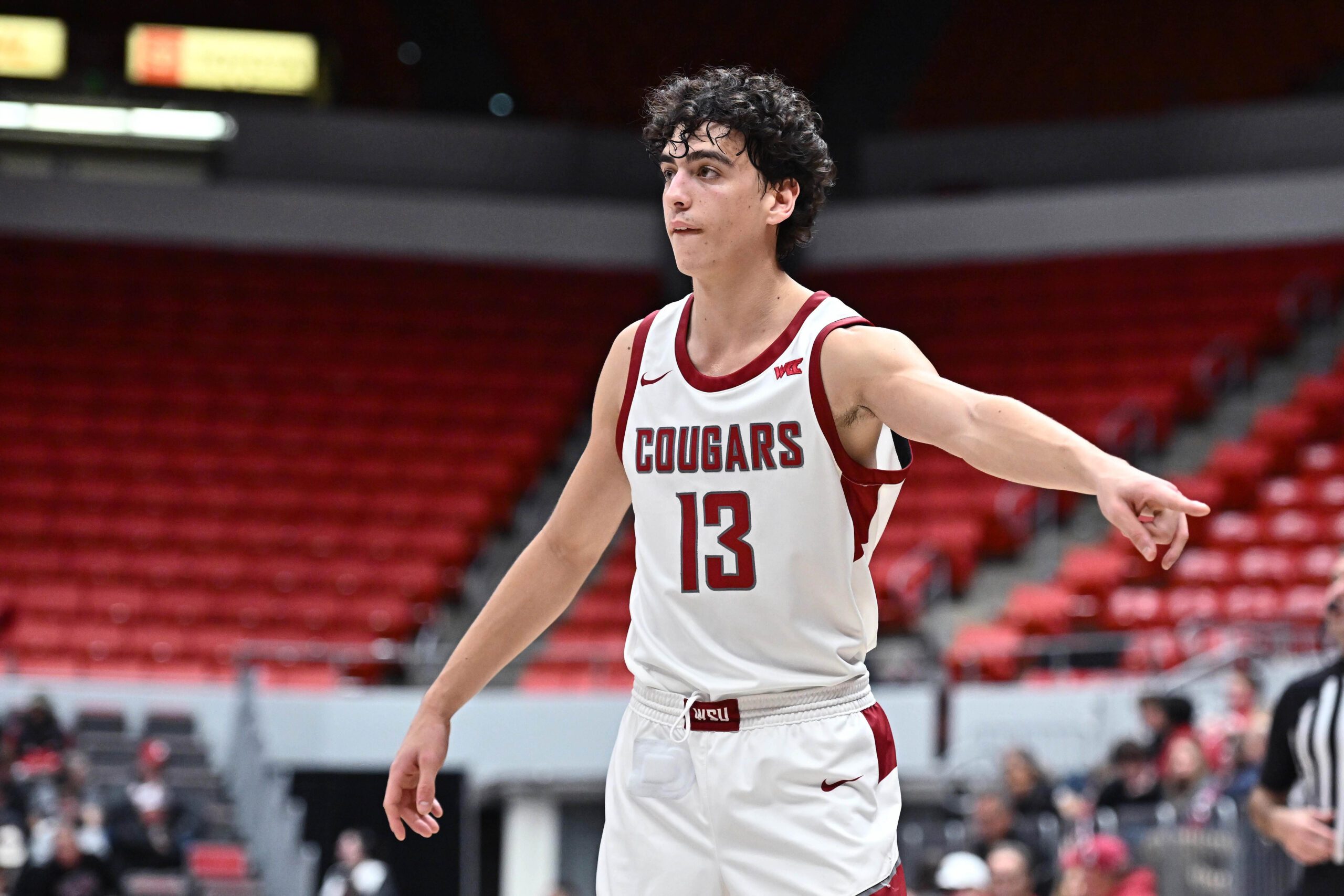 Oct 25, 2025; Pullman, WA, USA; Washington State Cougars guard Adria Rodriguez (13) waits for play to resume against the New Mexico Lobos in the second half at Friel Court at Beasley Coliseum. Mandatory Credit: James Snook-Imagn Images