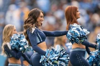 Nov 2, 2025; Nashville, Tennessee, USA;  Tennessee Titans cheerleaders against the Los Angeles Chargers during the first half at Nissan Stadium. Mandatory Credit: Steve Roberts-Imagn Images