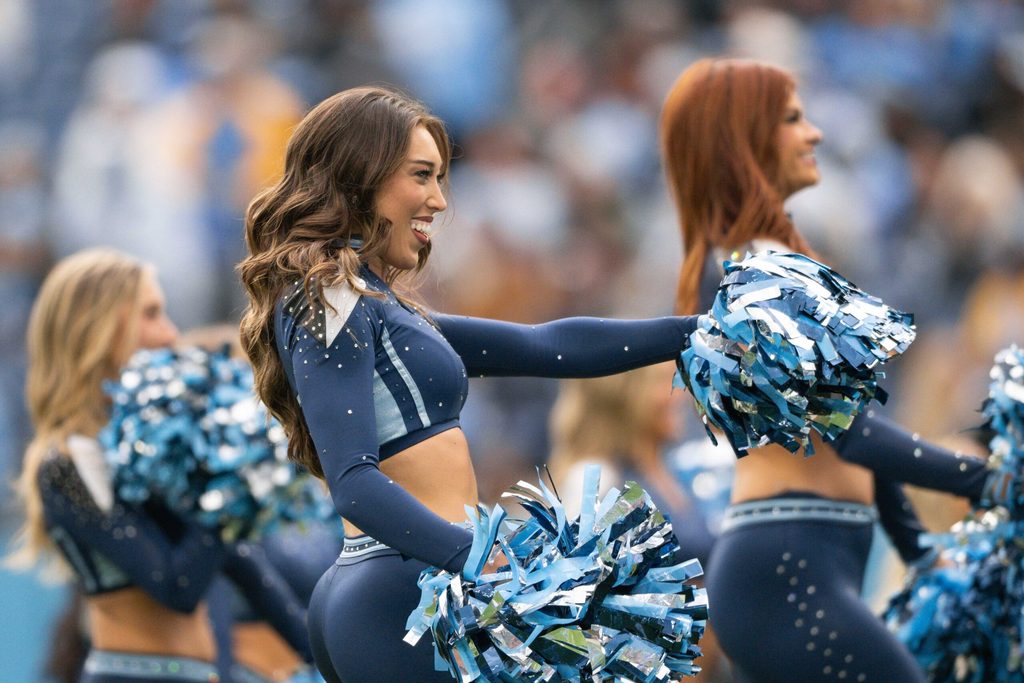Nov 2, 2025; Nashville, Tennessee, USA; Tennessee Titans cheerleaders against the Los Angeles Chargers during the first half at Nissan Stadium. Mandatory Credit: Steve Roberts-Imagn Images
