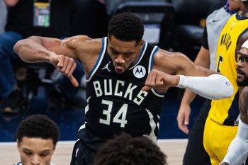 Nov 3, 2025; Indianapolis, Indiana, USA; Milwaukee Bucks forward Giannis Antetokounmpo (34) taunts the Indiana Pacers fans after a basket in the first half at Gainbridge Fieldhouse. Mandatory Credit: Trevor Ruszkowski-Imagn Images