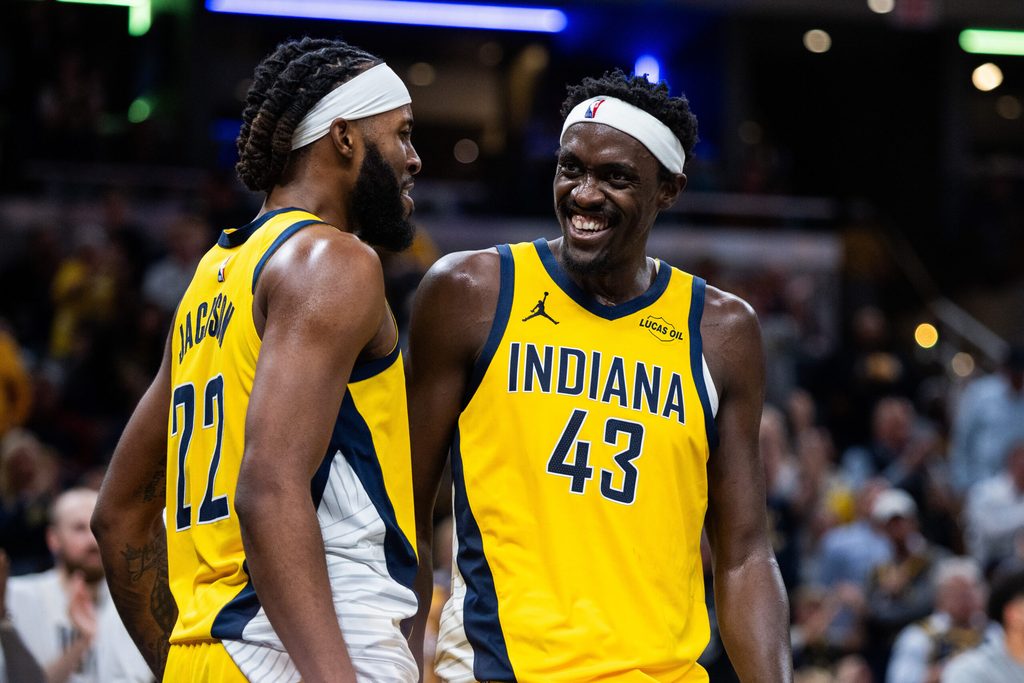 Nov 3, 2025; Indianapolis, Indiana, USA; Indiana Pacers forward Isaiah Jackson (22) celebrates a basket with forward Pascal Siakam (43) in the first half against the Milwaukee Bucks at Gainbridge Fieldhouse. Mandatory Credit: Trevor Ruszkowski-Imagn Images