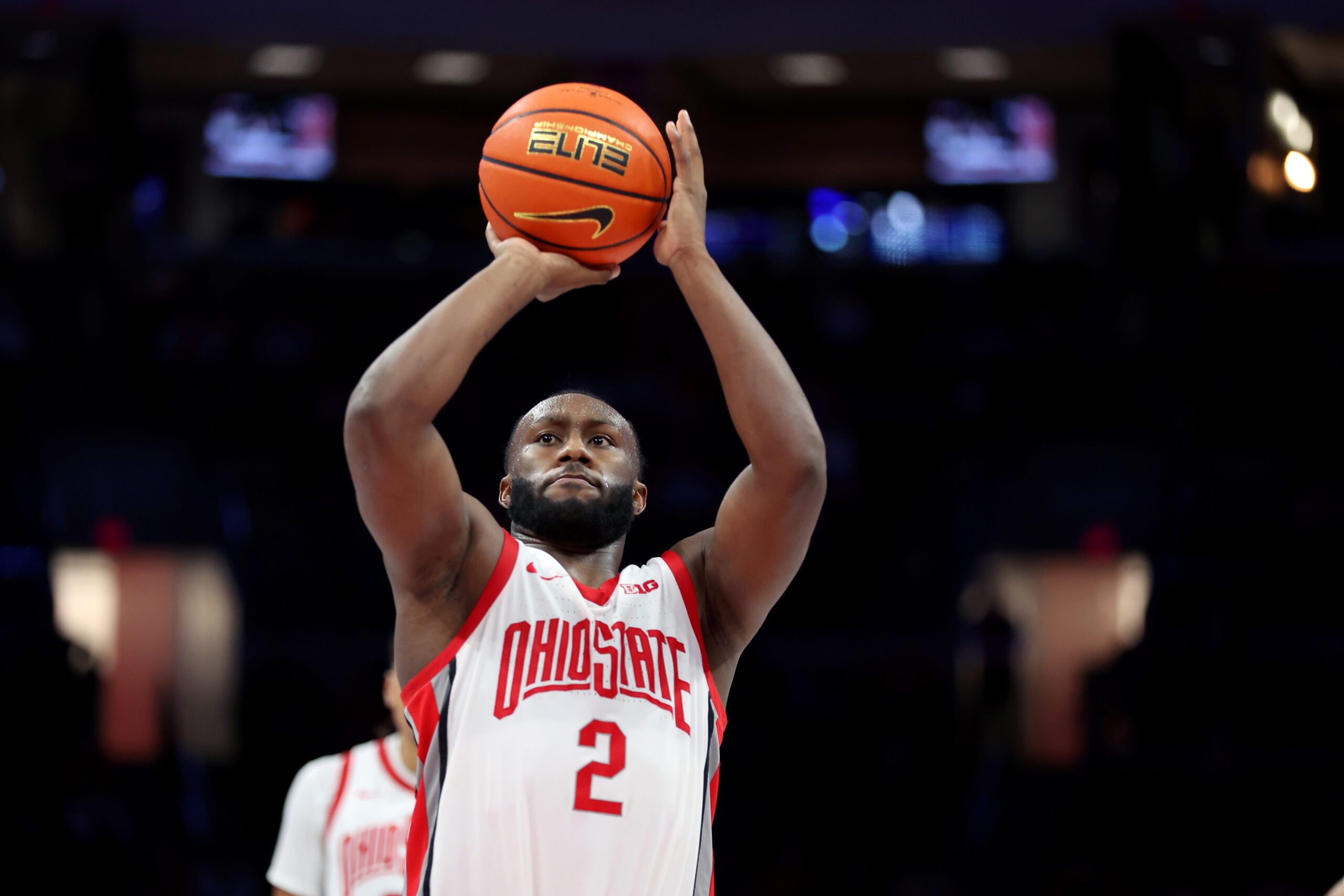 Nov 3, 2025; Columbus, Ohio, USA;  Ohio State Buckeyes guard Bruce Thornton (2) shoots a free throw during the second half against the IU Indy Jaguars at Value City Arena. Mandatory Credit: Joseph Maiorana-Imagn Images