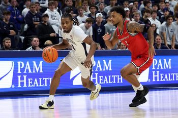 Nov 3, 2025; University Park, Pennsylvania, USA; Penn State Nittany Lions guard Kayden Mingo (4) dribbles during the first half against the Fairfield Stags at Bryce Jordan Center. Mandatory Credit: Matthew O'Haren-Imagn Images