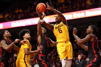 Nov 3, 2025; Minneapolis, Minnesota, USA; Minnesota Golden Gophers guard Langston Reynolds (6) shoots against the Gardner-Webb Runnin' Bulldogs during the first half at Williams Arena. Mandatory Credit: Matt Krohn-Imagn Images