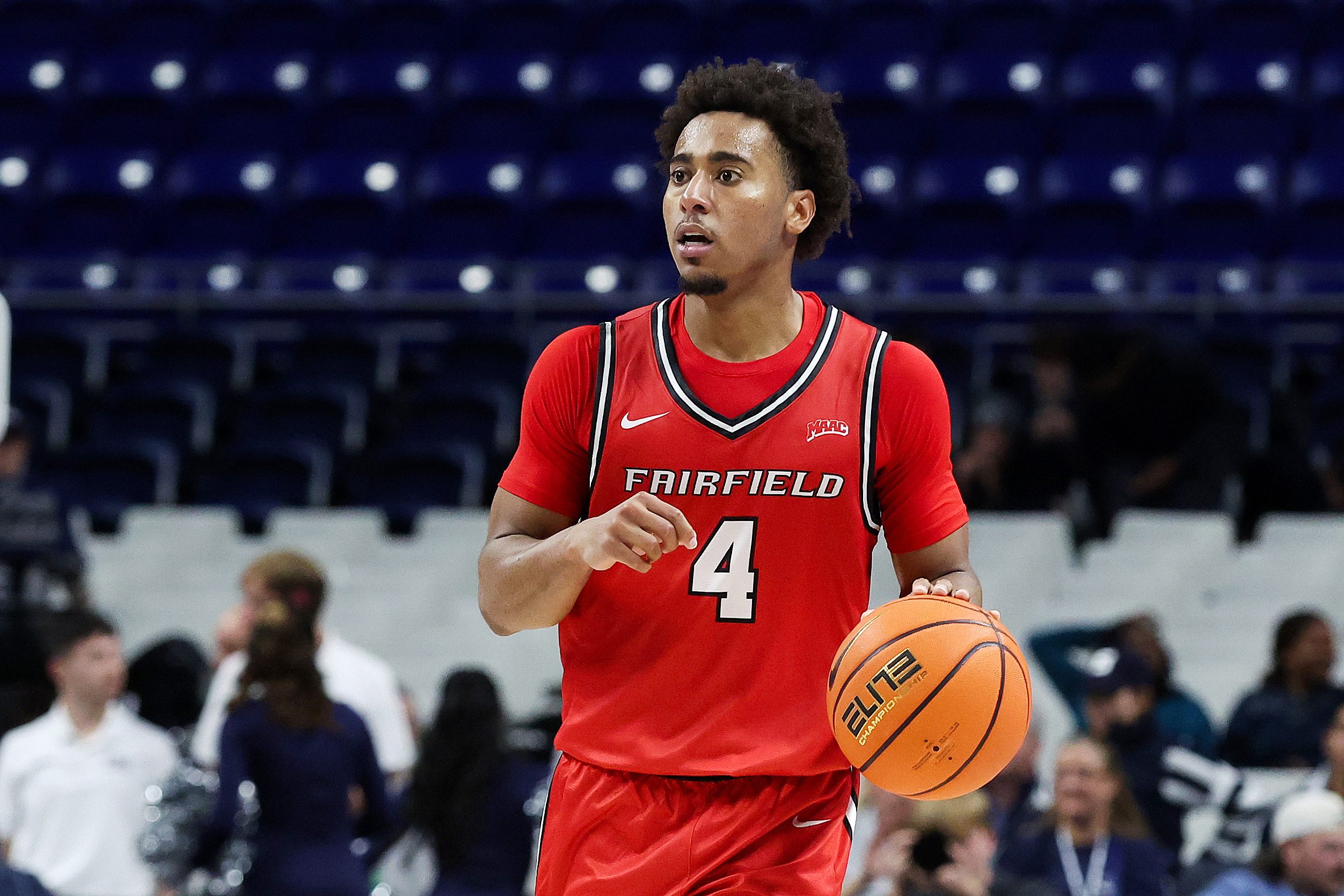 Nov 3, 2025; University Park, Pennsylvania, USA; Fairfield Stags guard Braden Sparks (4) dribbles the ball up the court during the second half against the Penn State Nittany Lions at Bryce Jordan Center. Mandatory Credit: Matthew O'Haren-Imagn Images