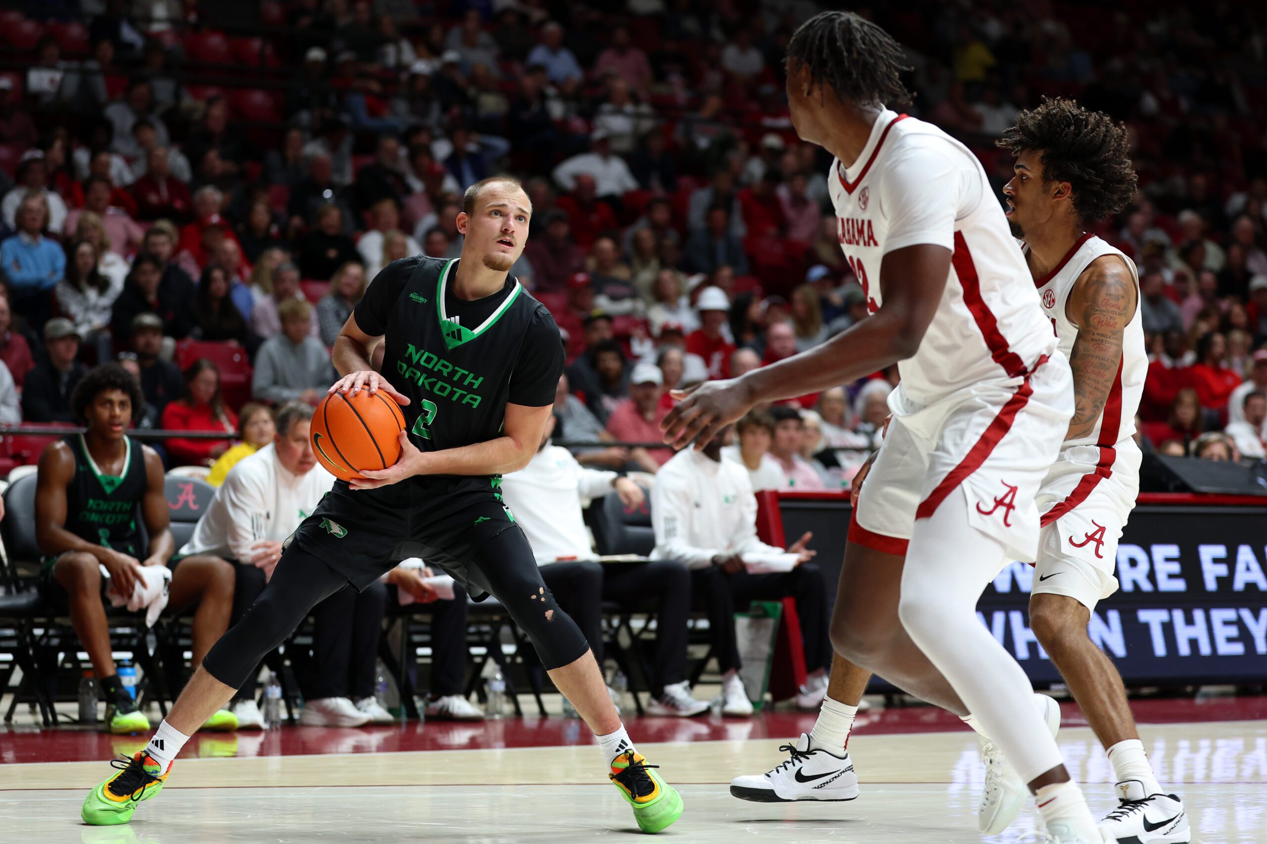 Nov 3, 2025; Tuscaloosa, Alabama, USA; North Dakota Fighting Hawks guard Eli King (2) looks to shoot during the second half against the Alabama Crimson Tide at Coleman Coliseum. Mandatory Credit: David Leong-Imagn Images