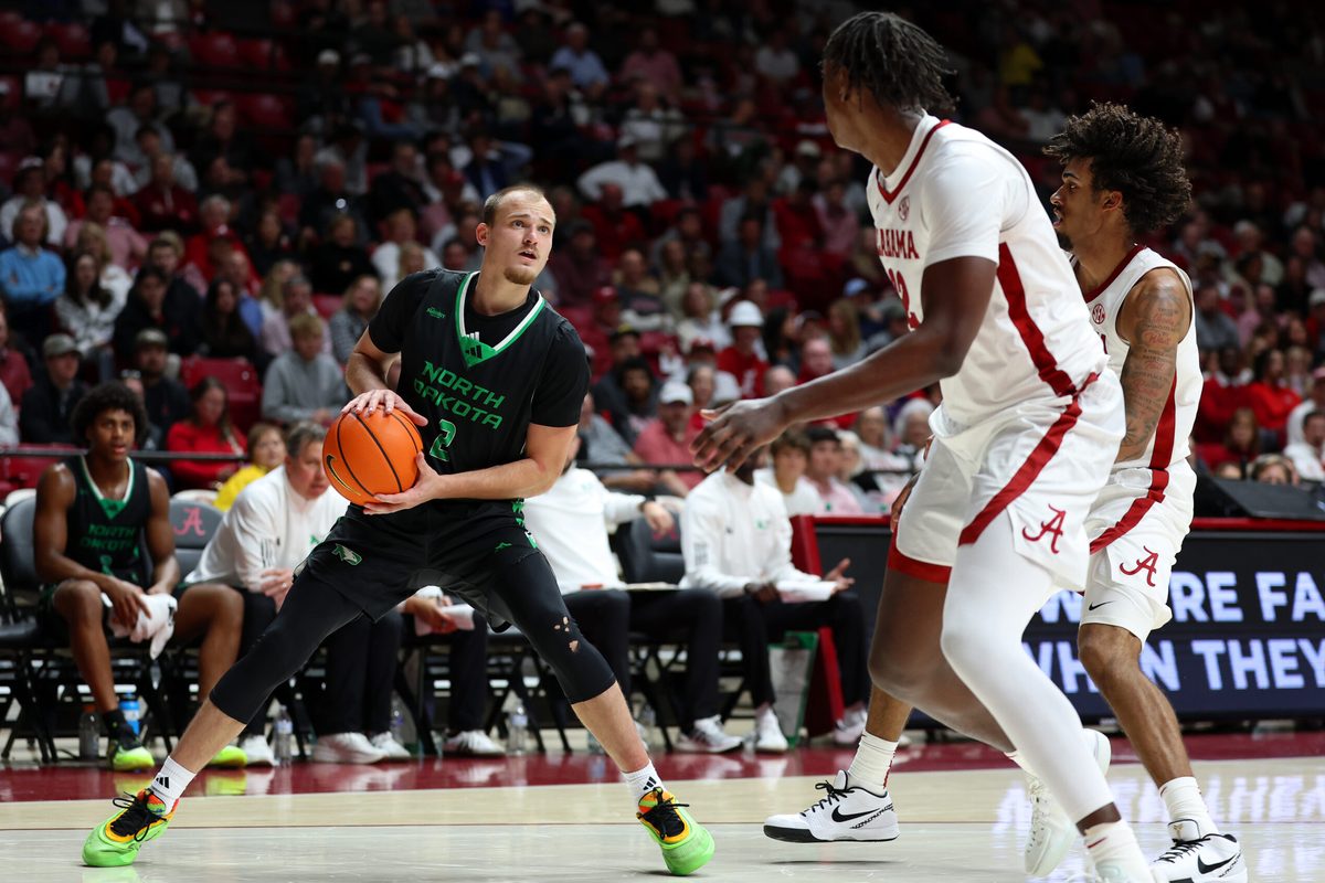 Nov 3, 2025; Tuscaloosa, Alabama, USA; North Dakota Fighting Hawks guard Eli King (2) looks to shoot during the second half against the Alabama Crimson Tide at Coleman Coliseum. Mandatory Credit: David Leong-Imagn Images